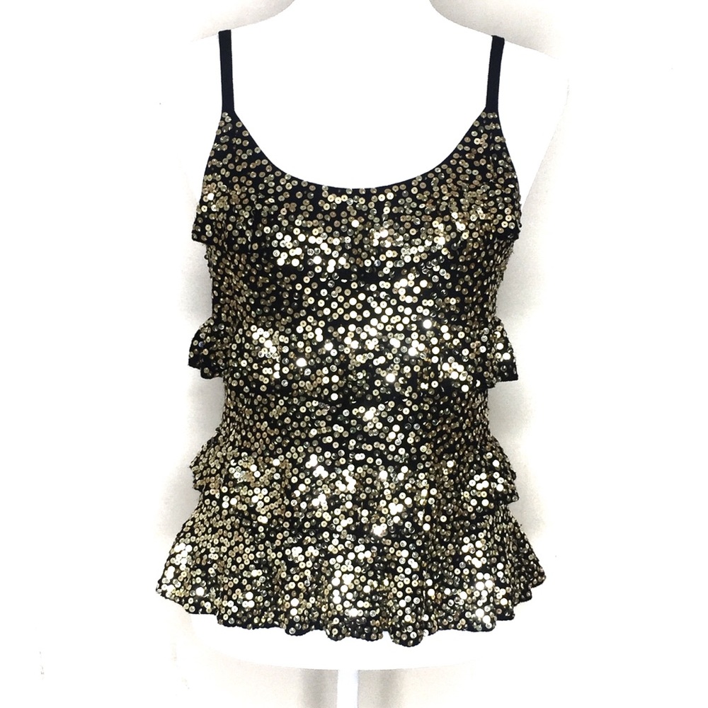 INC Black and Gold Sequin Tiered Top